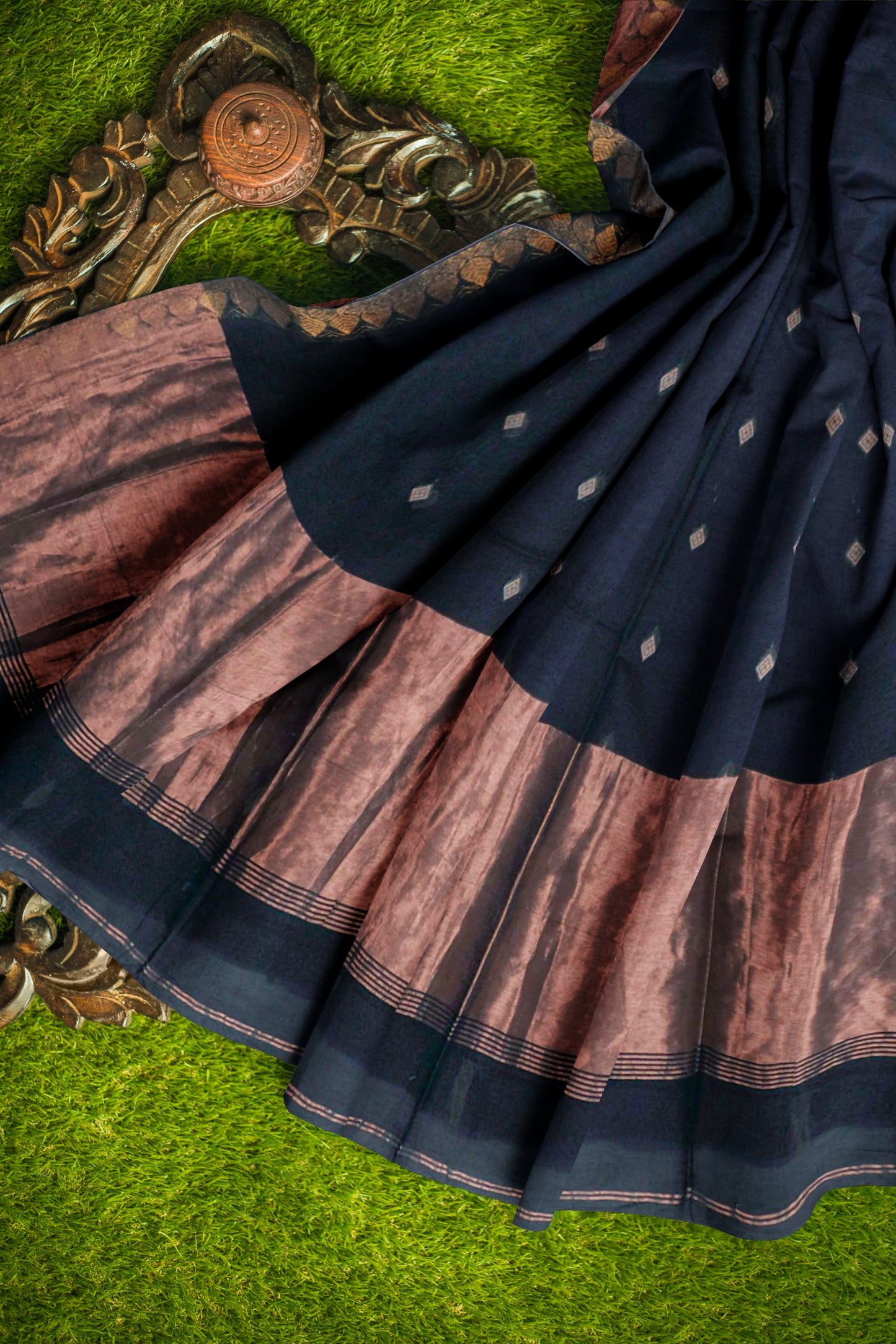 Black Soft Bengal Cotton Mini Diamond Butta Block Zari Pallu Saree