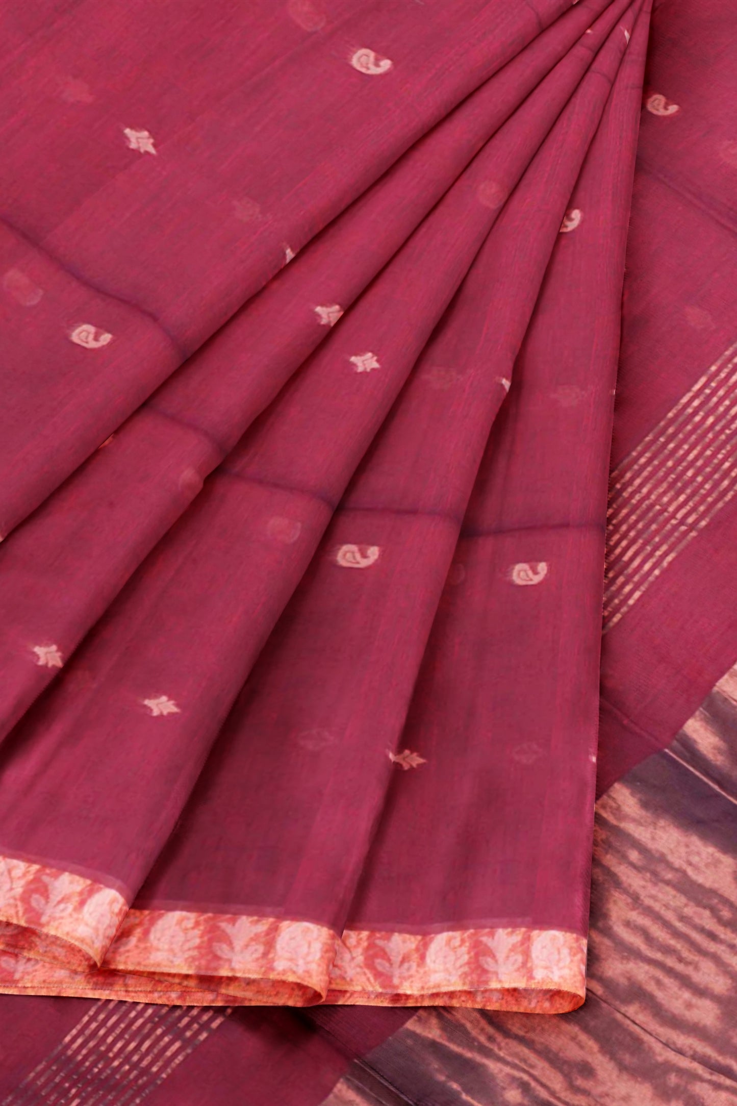 Dark Maroon Soft Bengal Cotton Mini Mango Leaf Butta Block Zari Pallu Saree