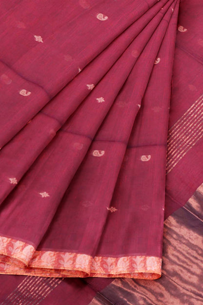 Dark Maroon Soft Bengal Cotton Mini Mango Leaf Butta Block Zari Pallu Saree