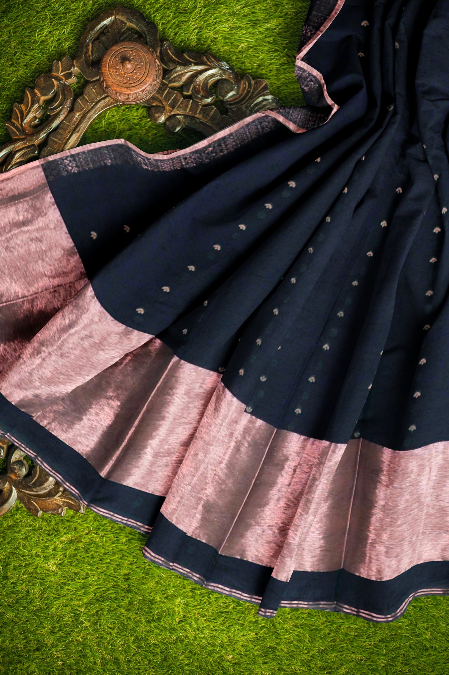 Black Soft Bengal Cotton Mini Leaf Butta Block Zari Pallu Saree