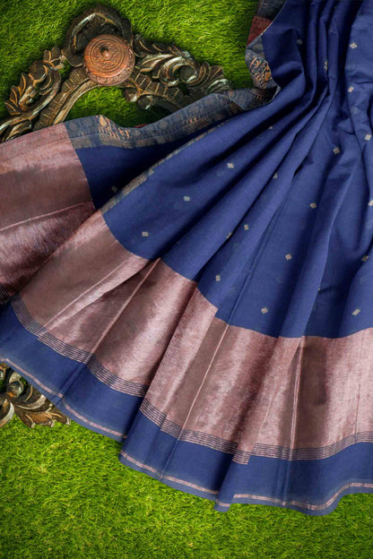 Navy Blue Soft Bengal Cotton Mini Star Butta Block Zari Pallu Saree