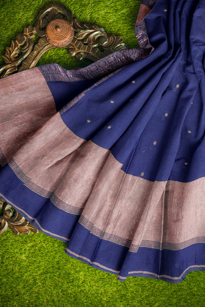 Navy Blue Soft Bengal Cotton Mini Star Butta Block Zari Pallu Saree