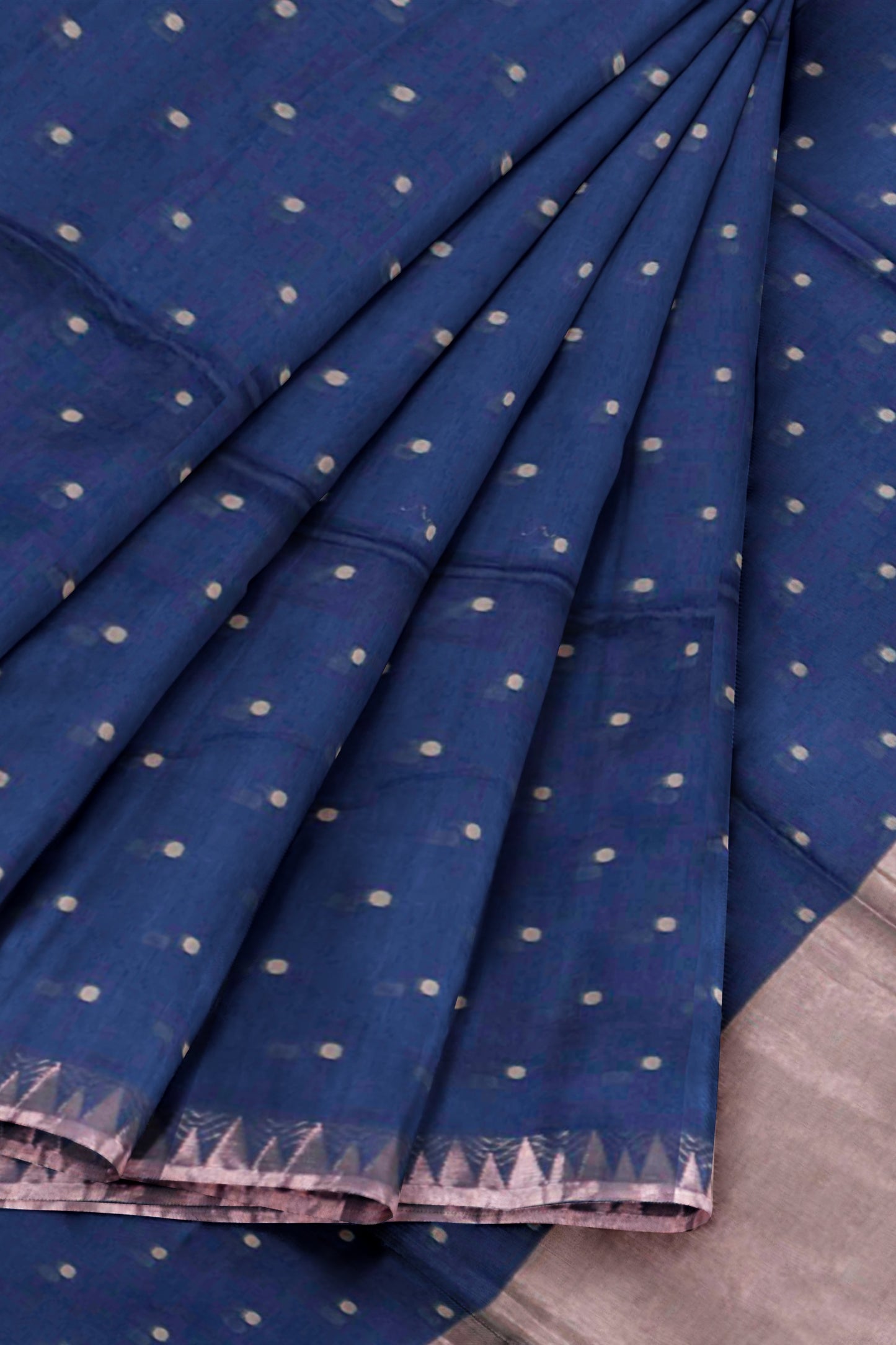 Navy Blue Soft Bengal Cotton Mini Polka Butta Block Zari Pallu Saree
