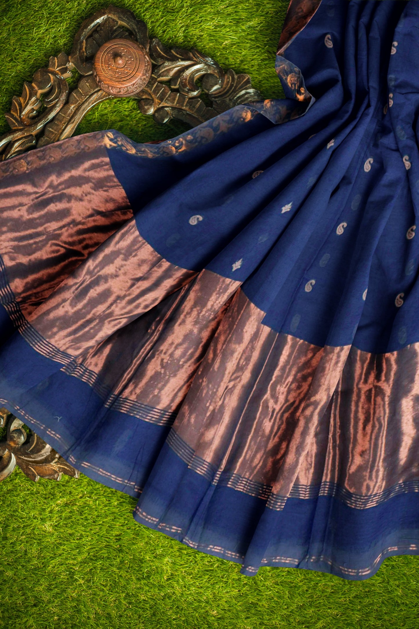 Navy Blue Soft Bengal Cotton Mini Paisely Butta Block Zari Pallu Saree