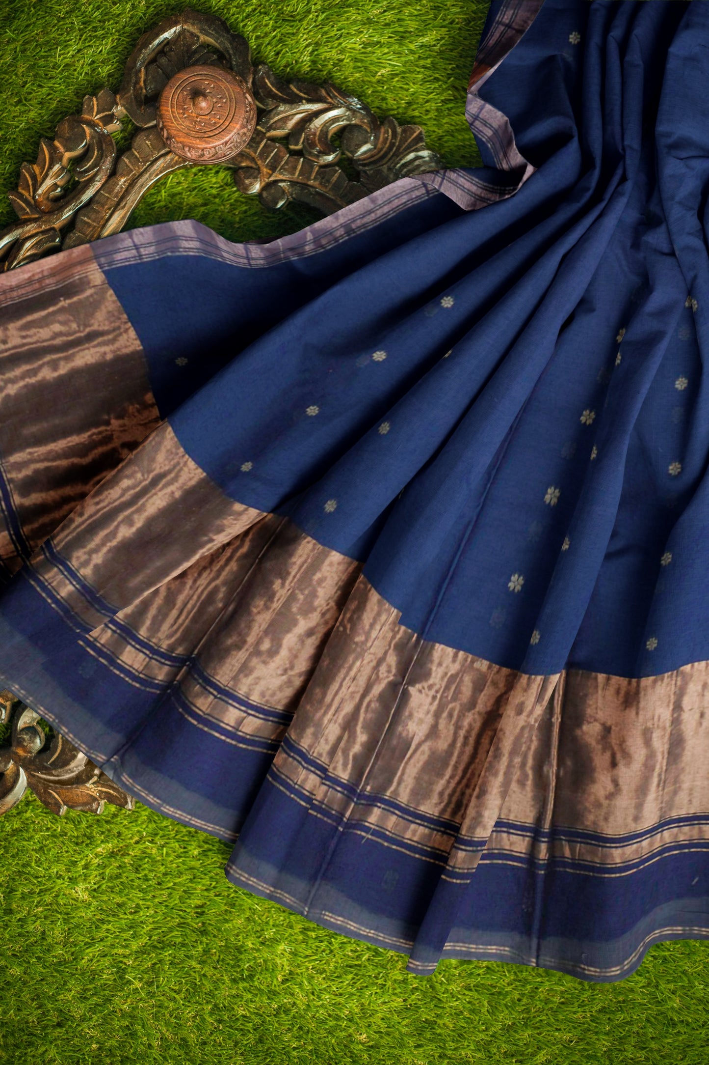 Navy Blue Soft Bengal Cotton Mini Floral Butta Block Zari Pallu Saree