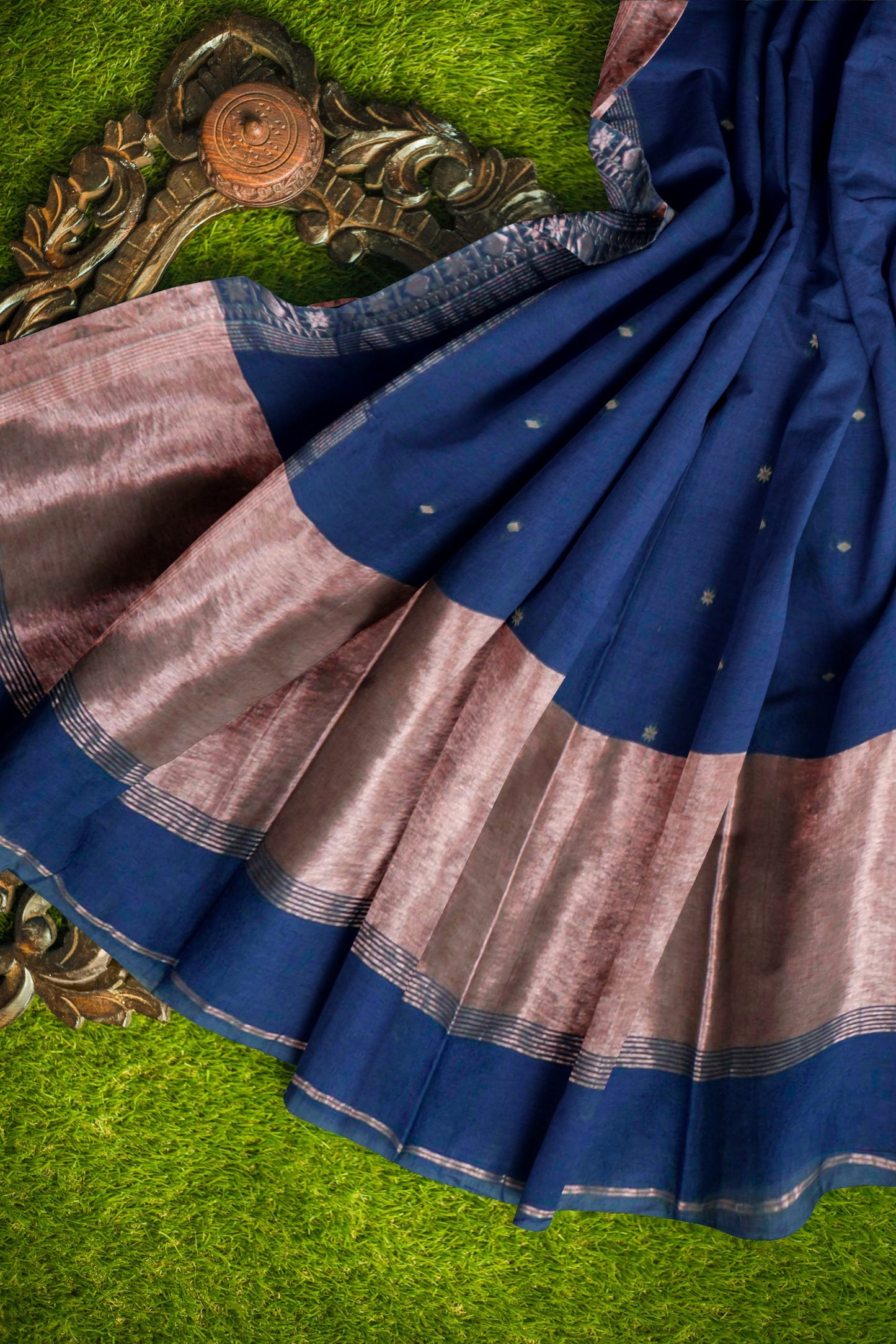 Navy Blue Soft Bengal Cotton Mini Tara Butta Block Zari Pallu Saree