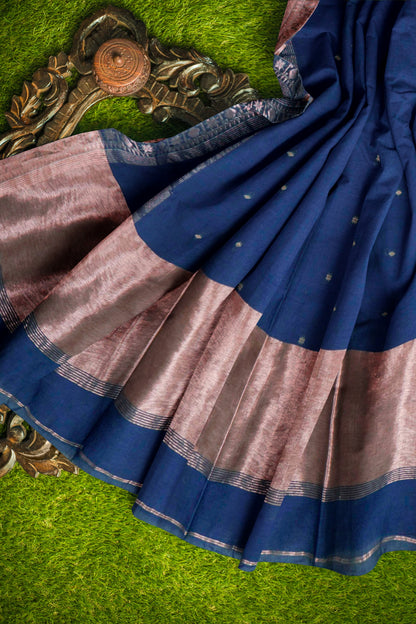 Navy Blue Soft Bengal Cotton Mini Tara Butta Block Zari Pallu Saree