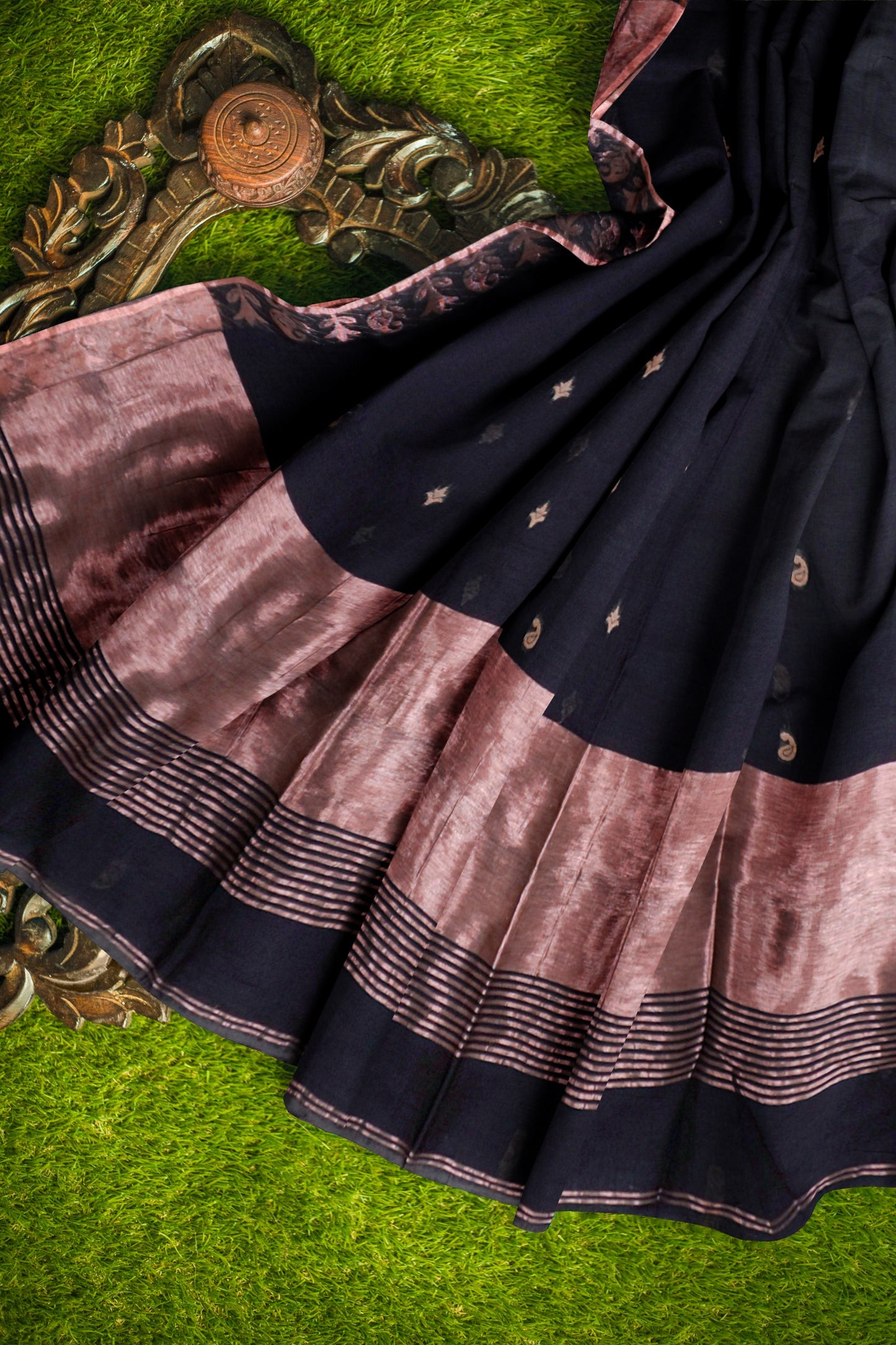 Black Soft Bengal Cotton Mini Cocoa Butta Block Zari Pallu Saree