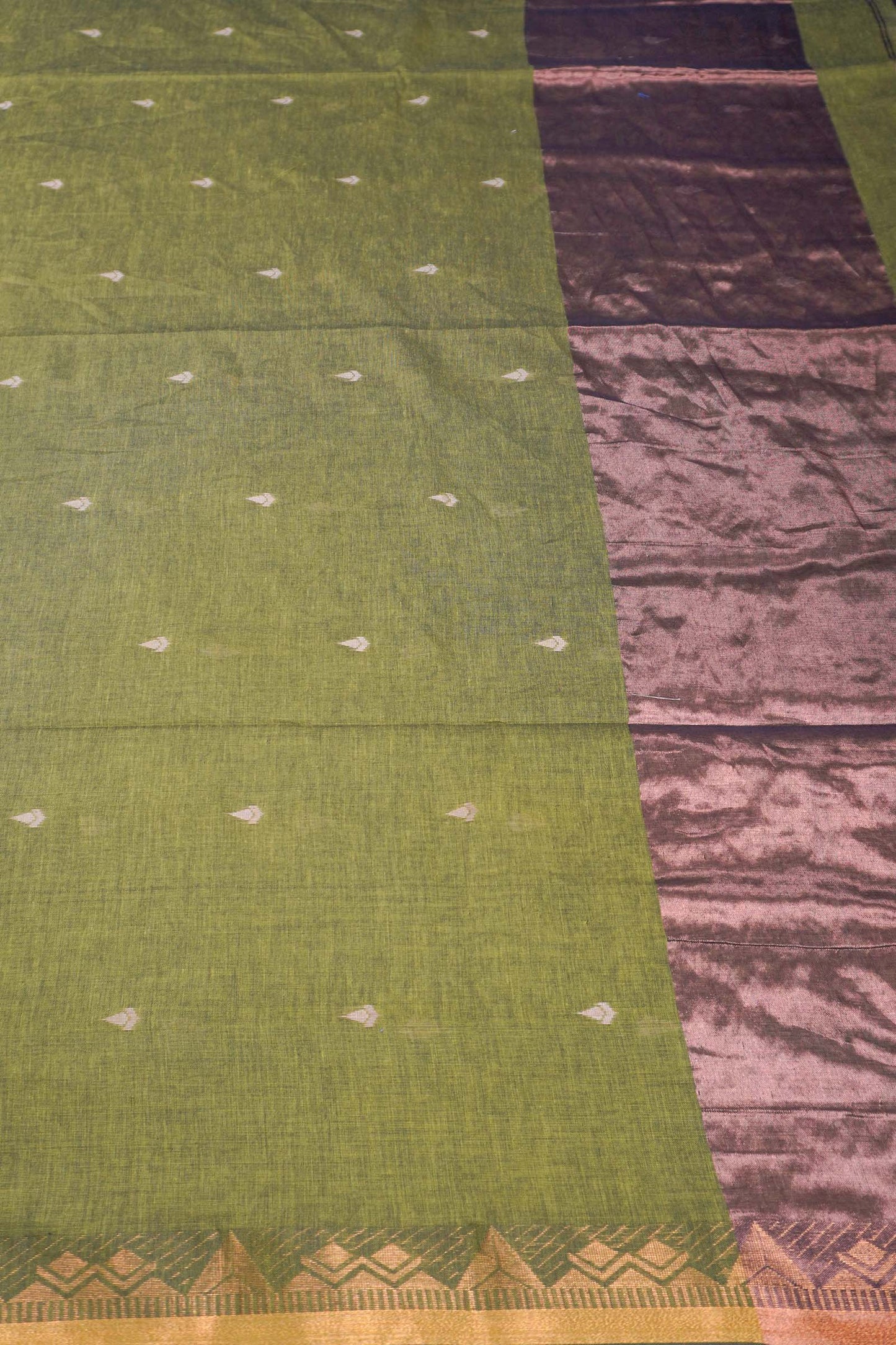 Green Soft Bengal Cotton Mini Tilaka Butta Block Zari Pallu Saree