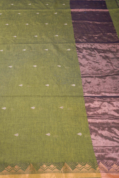 Green Soft Bengal Cotton Mini Tilaka Butta Block Zari Pallu Saree