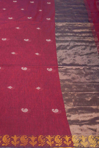 Dark Maroon Soft Bengal Cotton Mini Paisely Butta Block Zari Pallu Saree