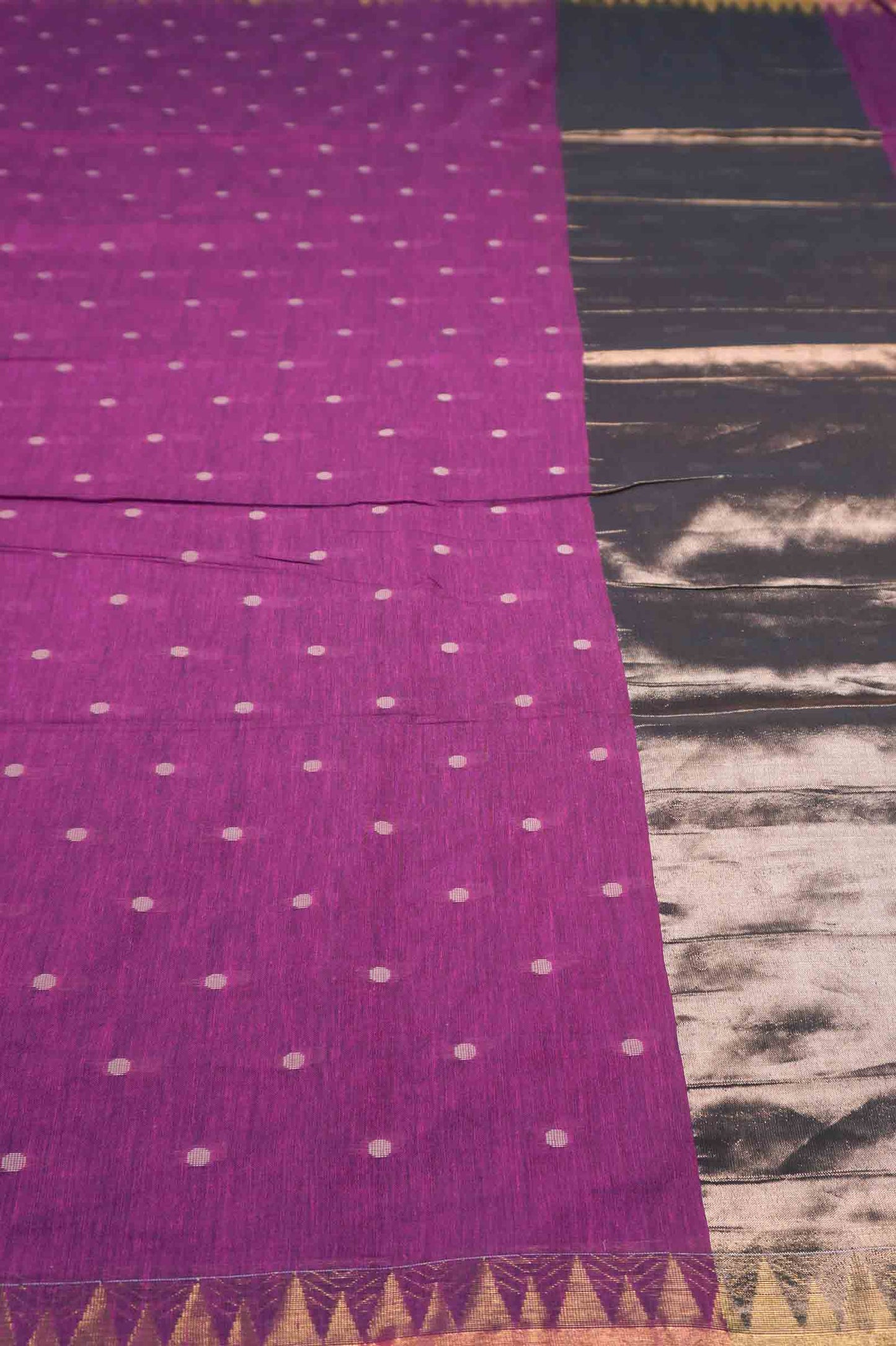 VioletSoft Bengal Cotton Mini Polka Butta Block Zari Pallu Saree