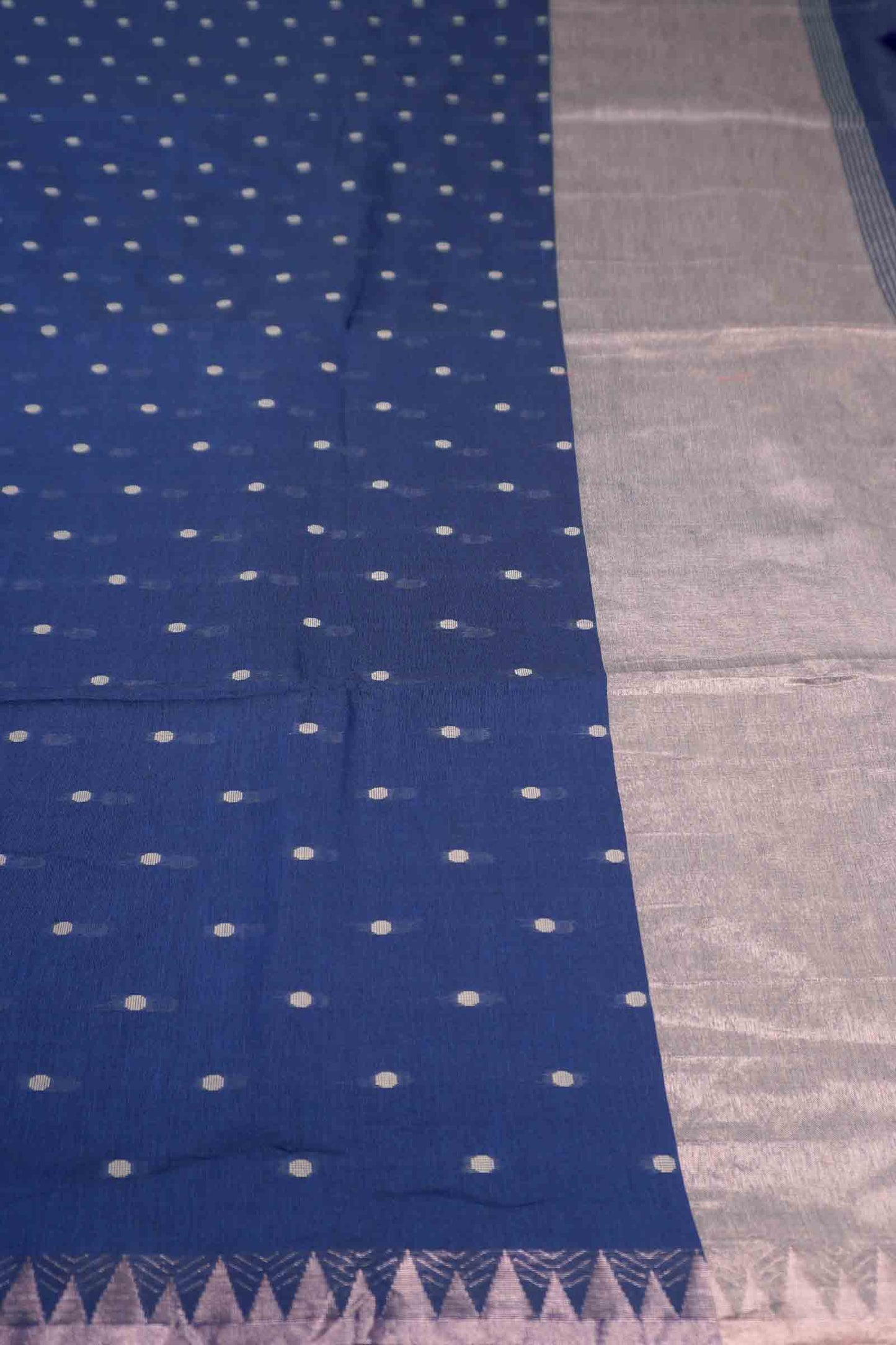 Navy Blue Soft Bengal Cotton Mini Polka Butta Block Temple Border Zari Pallu Saree