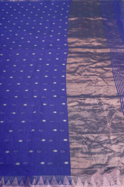 Navy Soft Bengal Cotton Mini Butta Block Zari Pallu Temple Border Saree