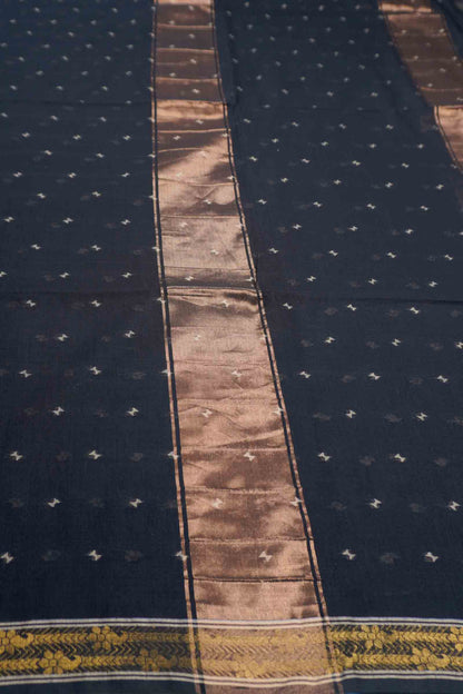 Black Soft Bengal Cotton Mini Butta Block Zari Pallu Saree