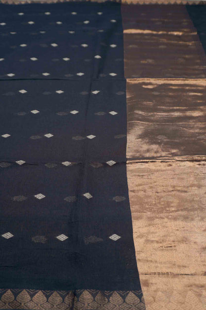 Black Soft Bengal Cotton Mini Diamond Butta Leaf Border Block Zari Pallu Saree