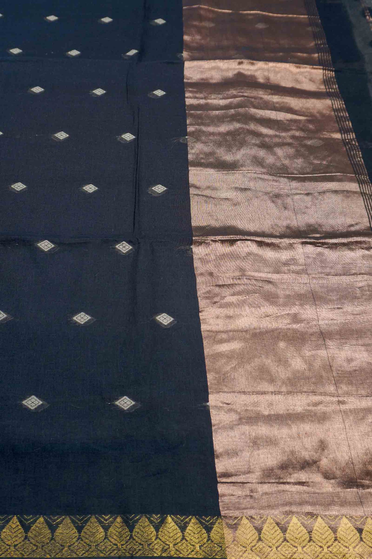Black Soft Bengal Cotton Mini Diamond Butta Block Zari Pallu Saree