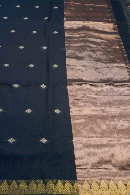Black Soft Bengal Cotton Mini Diamond Butta Block Zari Pallu Saree