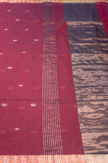 Dark Maroon Soft Bengal Cotton Mini Mango Leaf Butta Block Zari Pallu Saree