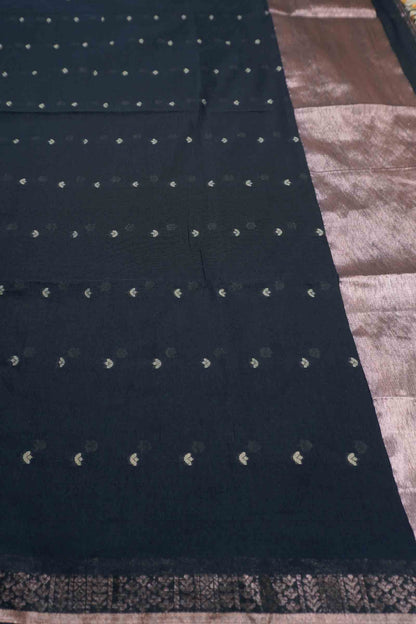 Black Soft Bengal Cotton Mini Leaf Butta Block Zari Pallu Saree