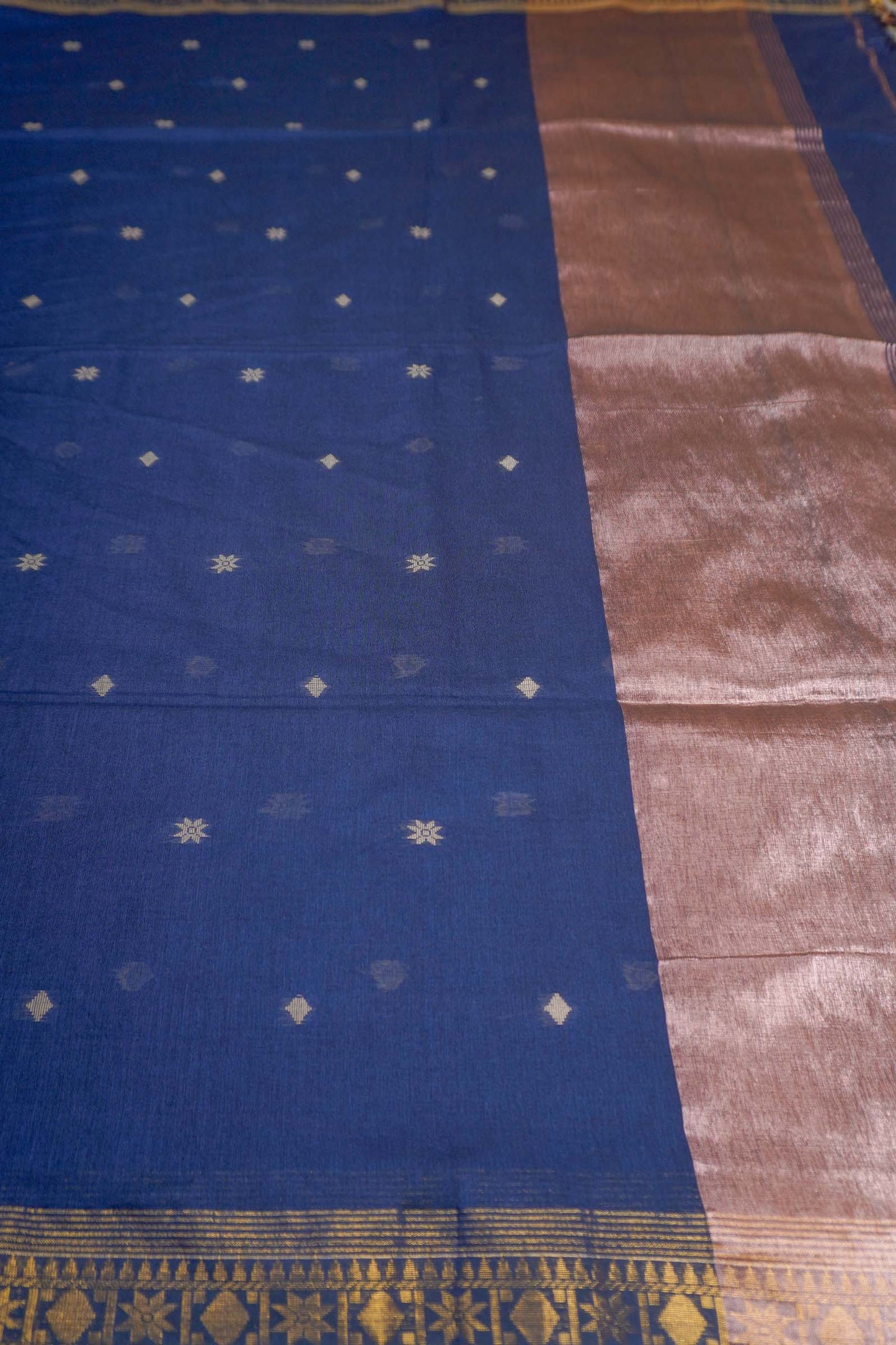 Navy Blue Soft Bengal Cotton Mini Star Butta Block Zari Pallu Saree