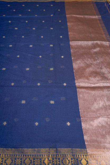 Navy Blue Soft Bengal Cotton Mini Star Butta Block Zari Pallu Saree