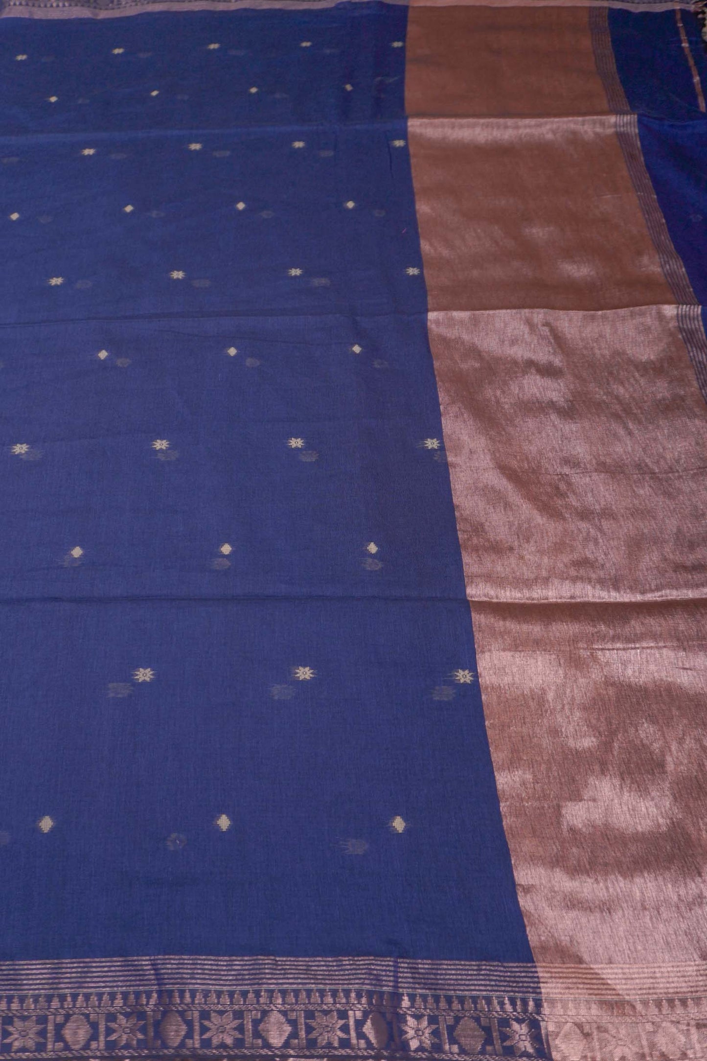 Navy Blue Soft Bengal Cotton Mini Star Butta Block Zari Pallu Saree