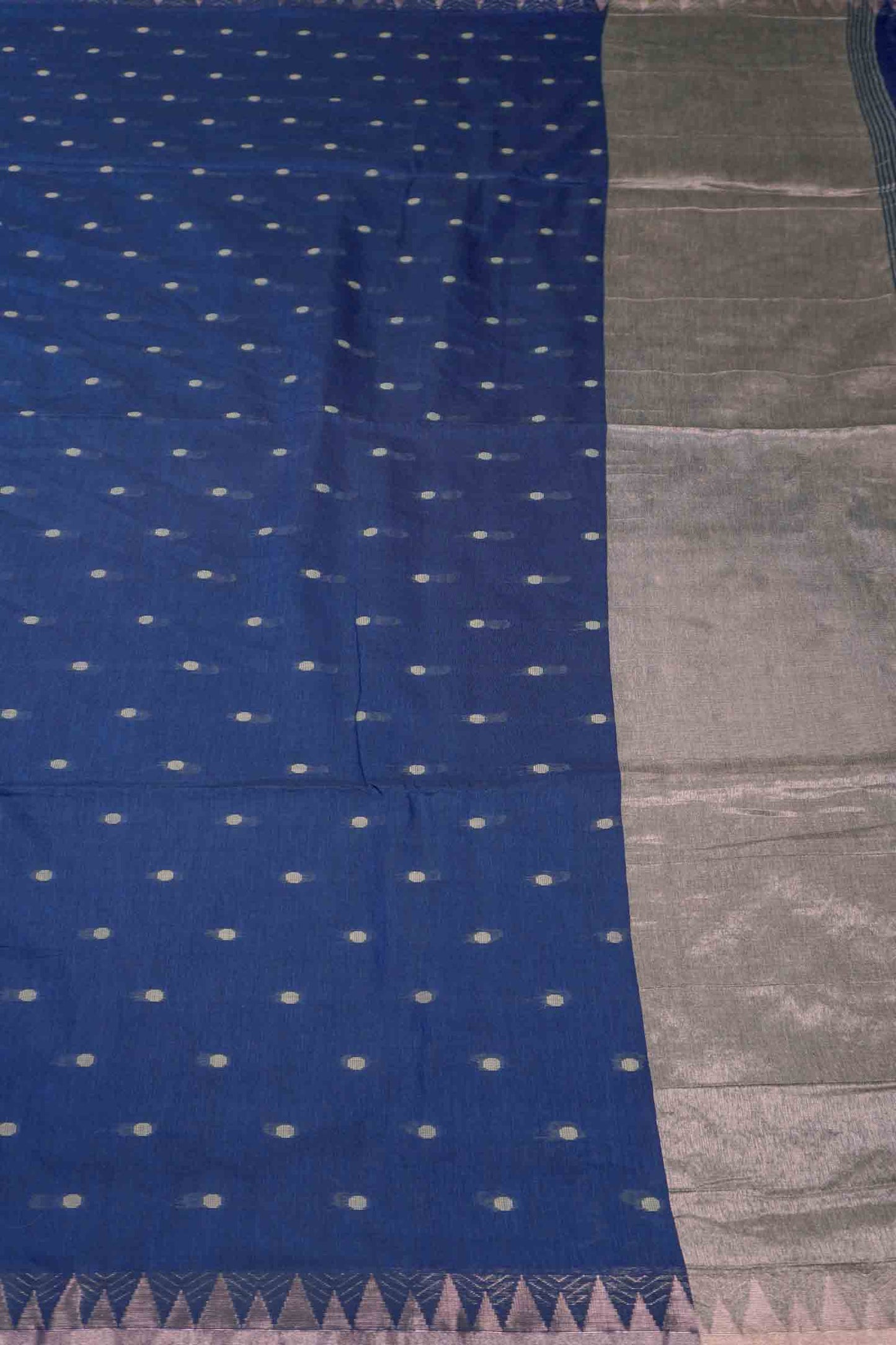 Navy Blue Soft Bengal Cotton Mini Polka Butta Block Zari Pallu Saree
