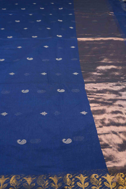 Navy Blue Soft Bengal Cotton Mini Paisely Butta Block Zari Pallu Saree