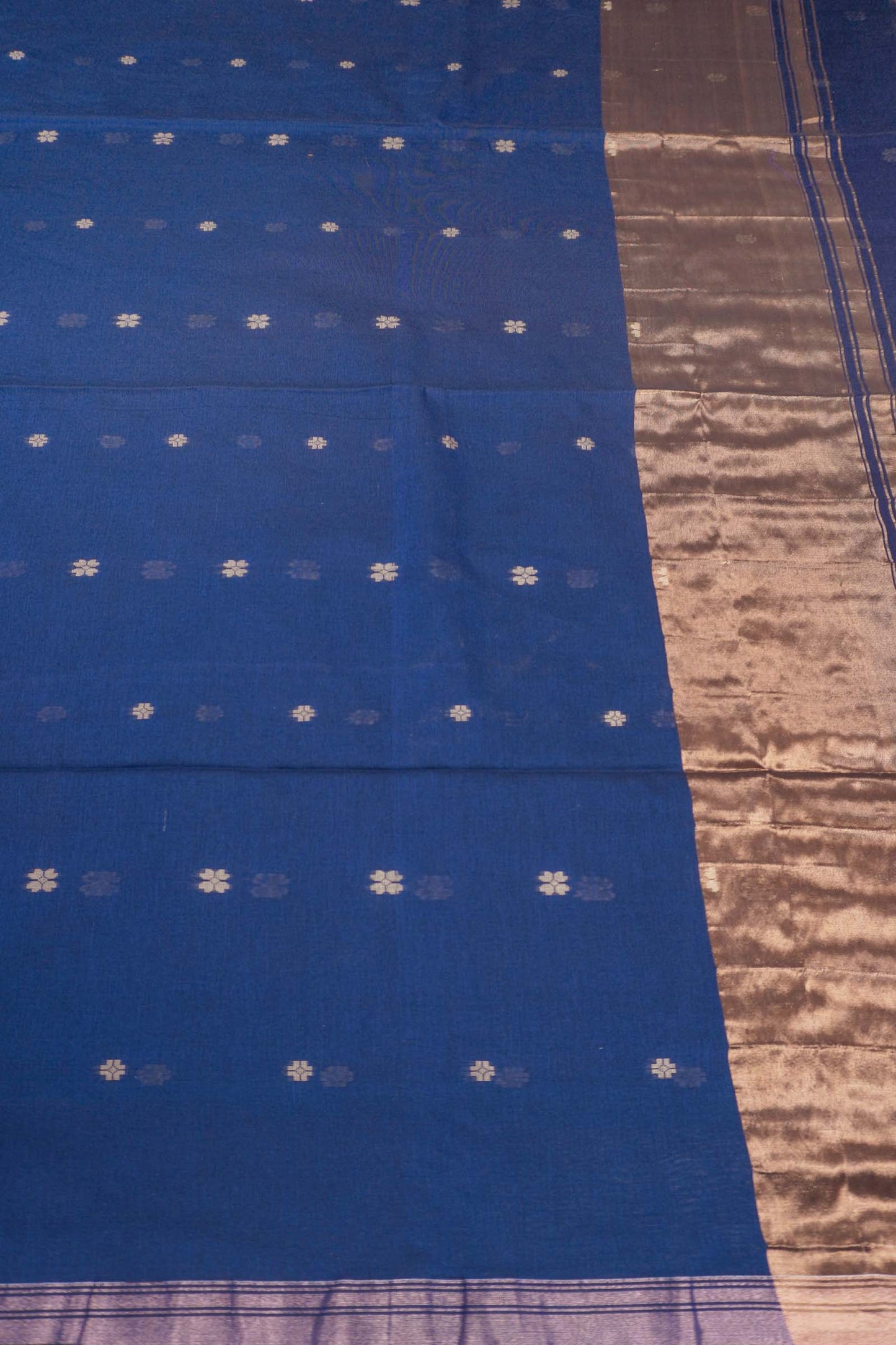 Navy Blue Soft Bengal Cotton Mini Floral Butta Block Zari Pallu Saree