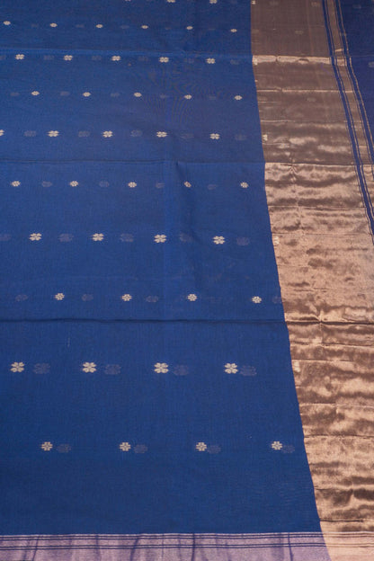 Navy Blue Soft Bengal Cotton Mini Floral Butta Block Zari Pallu Saree