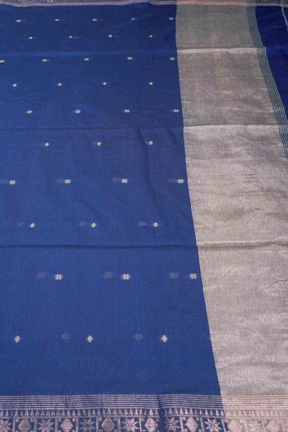 Navy Blue Soft Bengal Cotton Mini Tara Butta Block Zari Pallu Saree