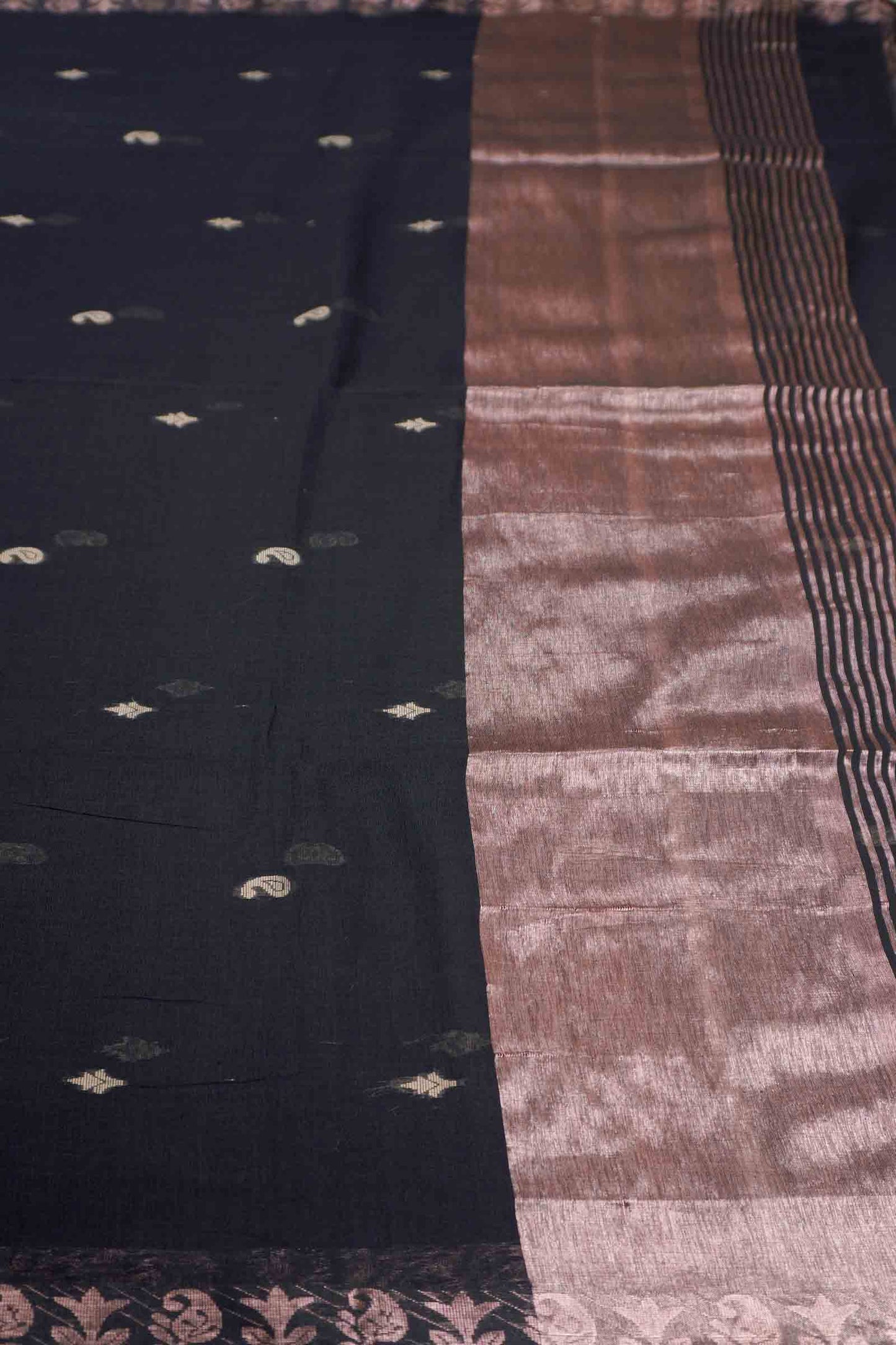 Black Soft Bengal Cotton Mini Cocoa Butta Block Zari Pallu Saree