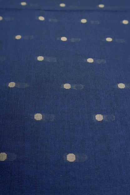 Navy Blue Soft Bengal Cotton Mini Polka Butta Block Temple Border Zari Pallu Saree