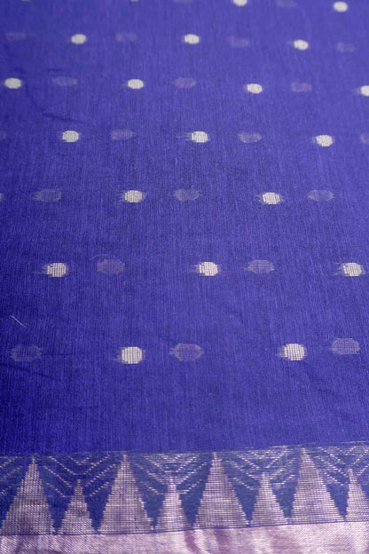 Navy Soft Bengal Cotton Mini Butta Block Zari Pallu Temple Border Saree