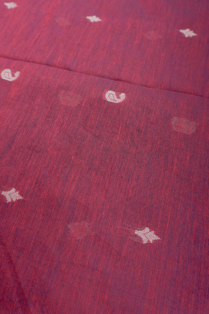 Dark Maroon Soft Bengal Cotton Mini Mango Leaf Butta Block Zari Pallu Saree
