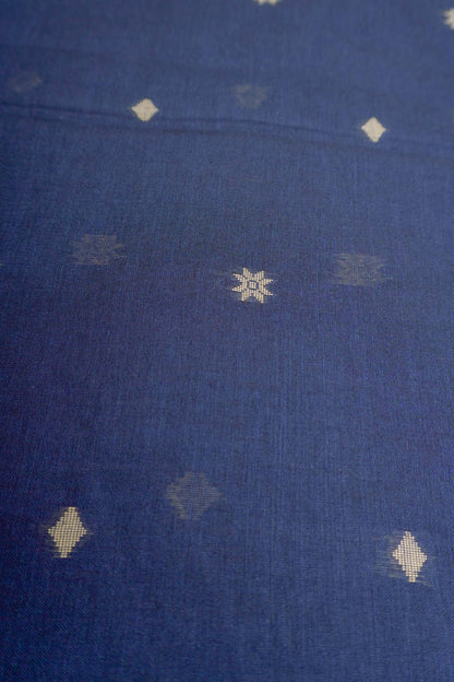 Navy Blue Soft Bengal Cotton Mini Star Butta Block Zari Pallu Saree