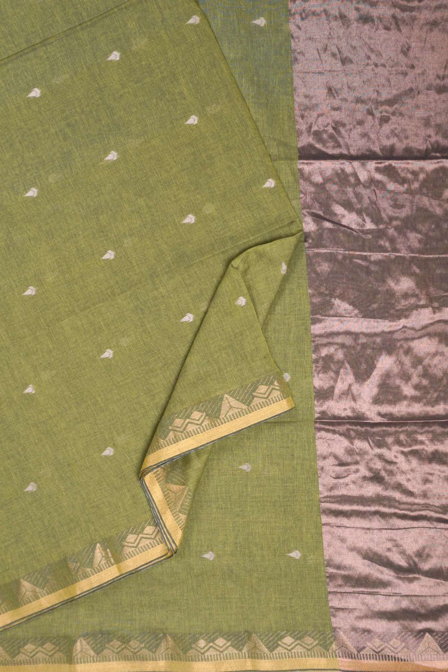 Green Soft Bengal Cotton Mini Tilaka Butta Block Zari Pallu Saree