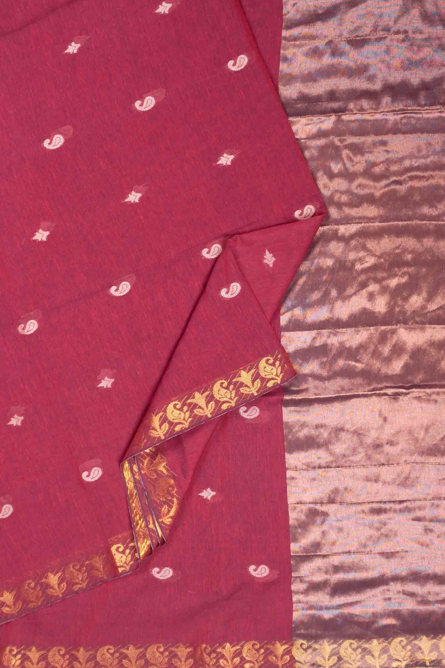 Dark Maroon Soft Bengal Cotton Mini Paisely Butta Block Zari Pallu Saree