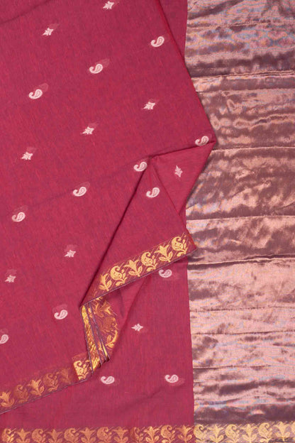 Dark Maroon Soft Bengal Cotton Mini Paisely Butta Block Zari Pallu Saree
