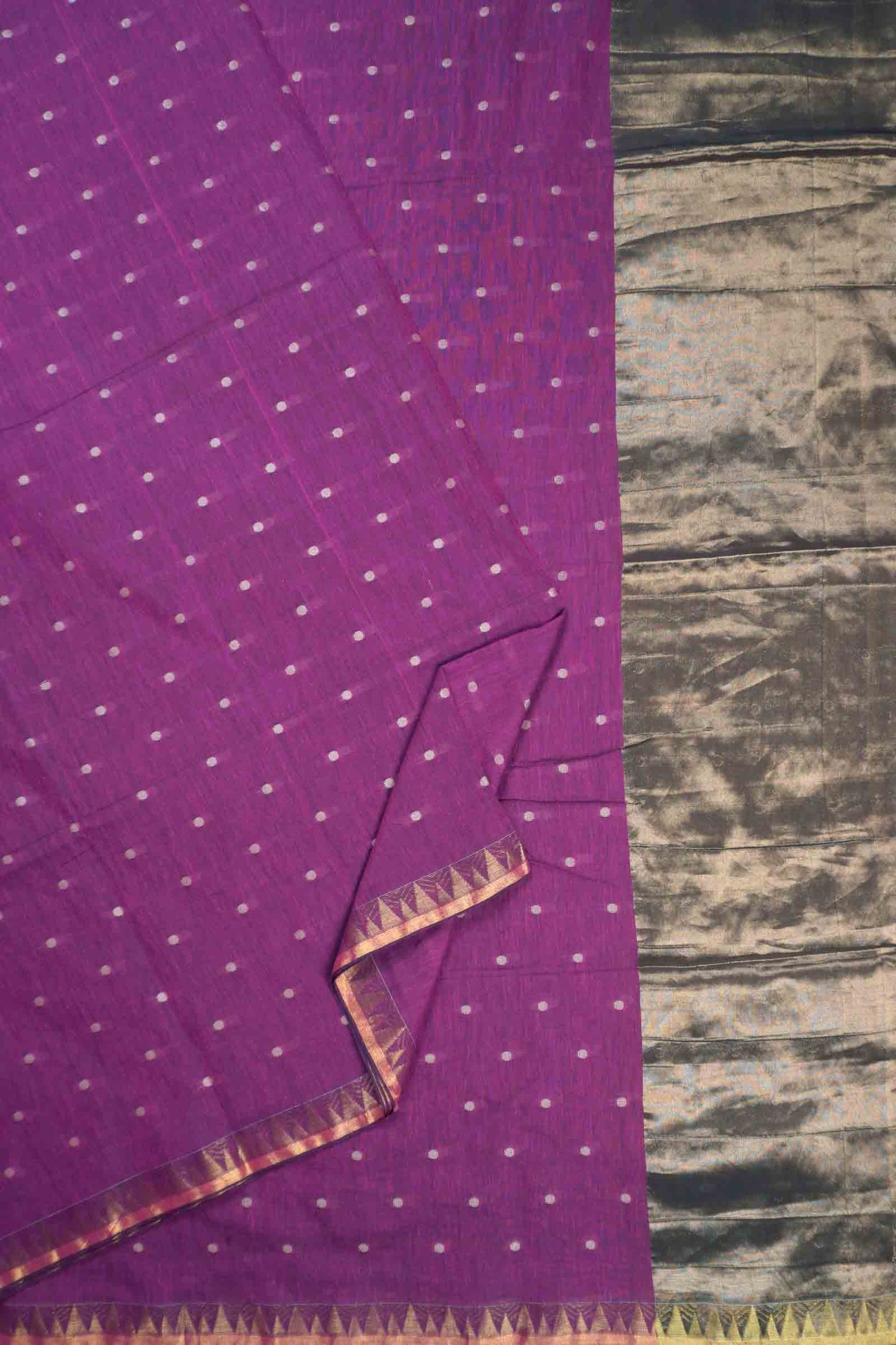 VioletSoft Bengal Cotton Mini Polka Butta Block Zari Pallu Saree