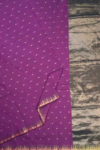 VioletSoft Bengal Cotton Mini Polka Butta Block Zari Pallu Saree