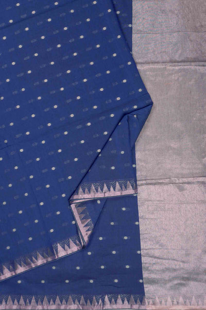 Navy Blue Soft Bengal Cotton Mini Polka Butta Block Temple Border Zari Pallu Saree