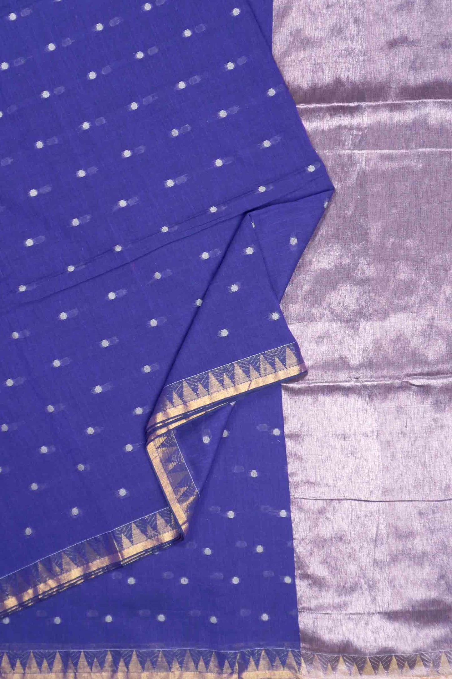 Violet Soft Bengal Cotton Mini Butta Block Zari Pallu Saree