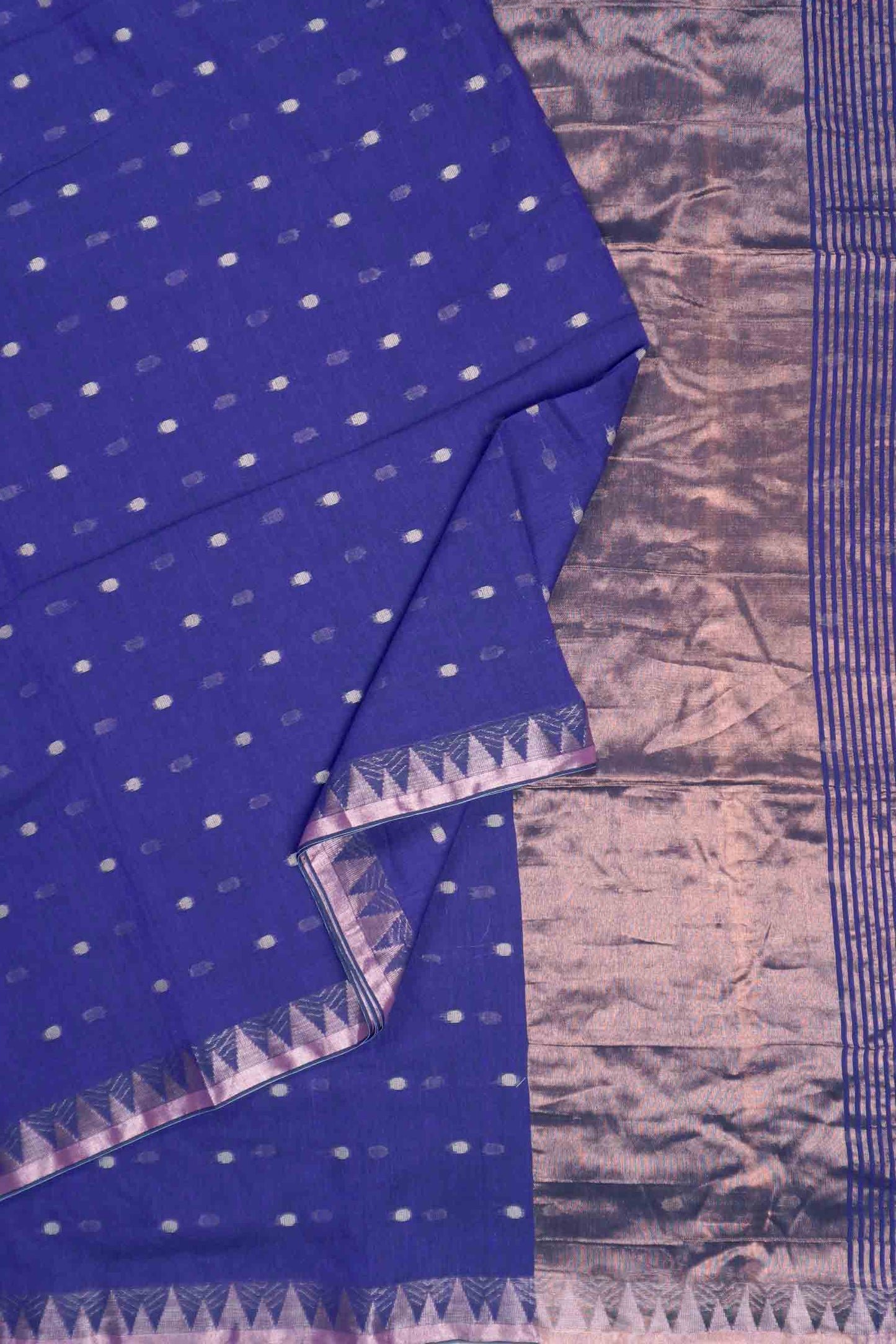 Navy Soft Bengal Cotton Mini Butta Block Zari Pallu Temple Border Saree