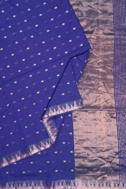 Navy Soft Bengal Cotton Mini Butta Block Zari Pallu Temple Border Saree