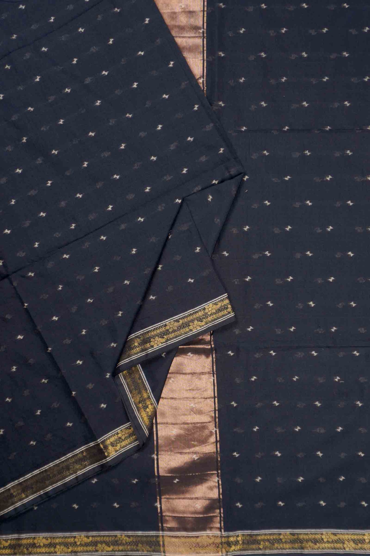 Black Soft Bengal Cotton Mini Butta Block Zari Pallu Saree