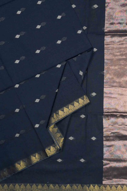 Black Soft Bengal Cotton Mini Diamond Butta Block Zari Pallu Saree