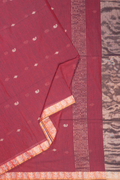 Dark Maroon Soft Bengal Cotton Mini Mango Leaf Butta Block Zari Pallu Saree