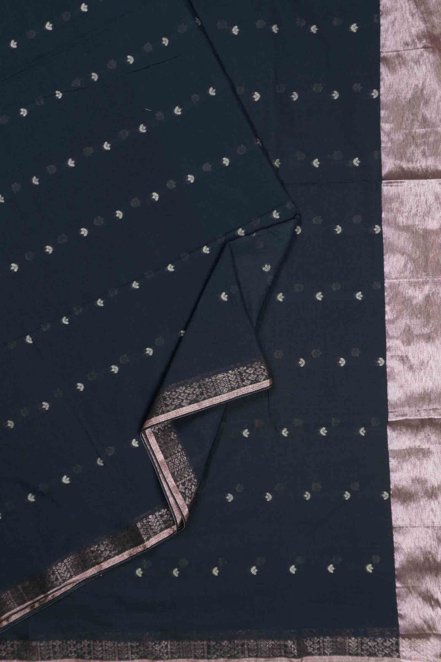 Black Soft Bengal Cotton Mini Leaf Butta Block Zari Pallu Saree